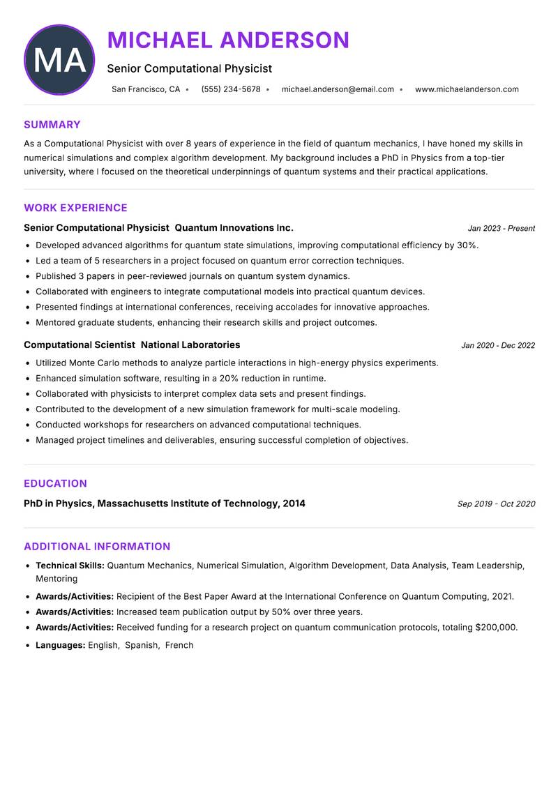 Computational Physicist resume example — ATS-friendly template