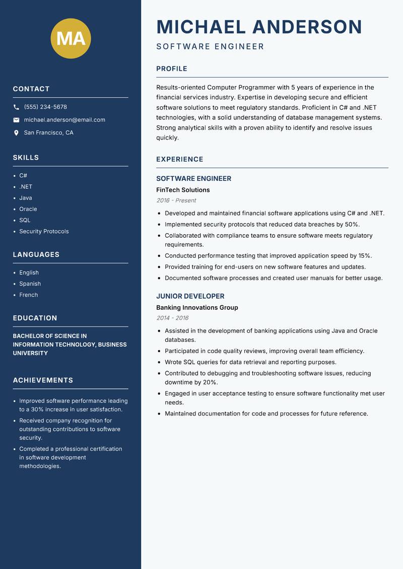 Computer Programmer resume template — Classic Clean