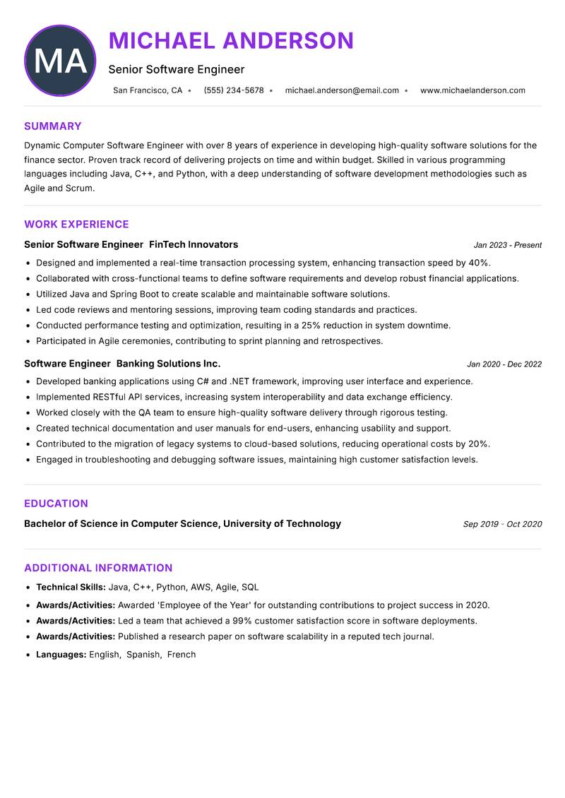 Computer Software Engineer resume example — ATS-friendly template