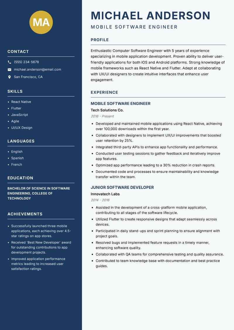 Computer Software Engineer resume template — Classic Clean