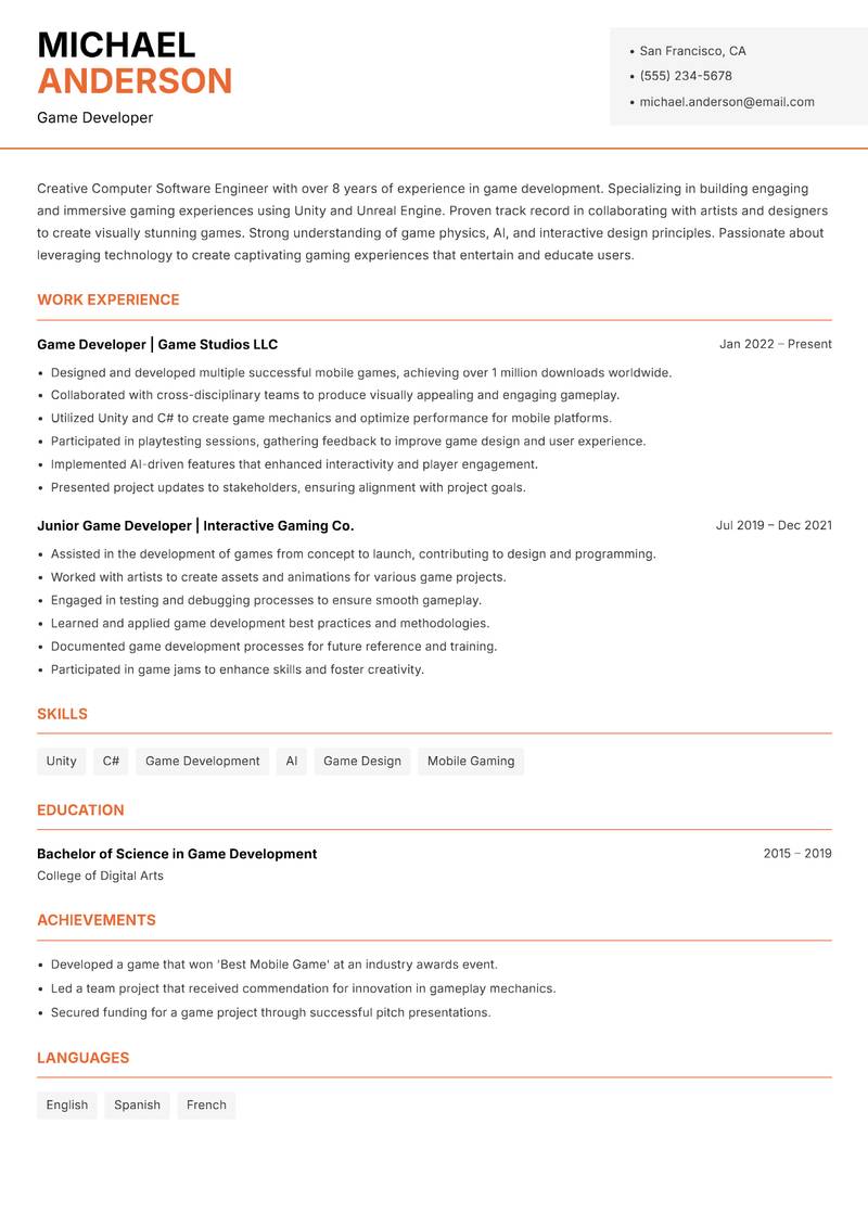 Computer Software Engineer resume template — Modern Professional
