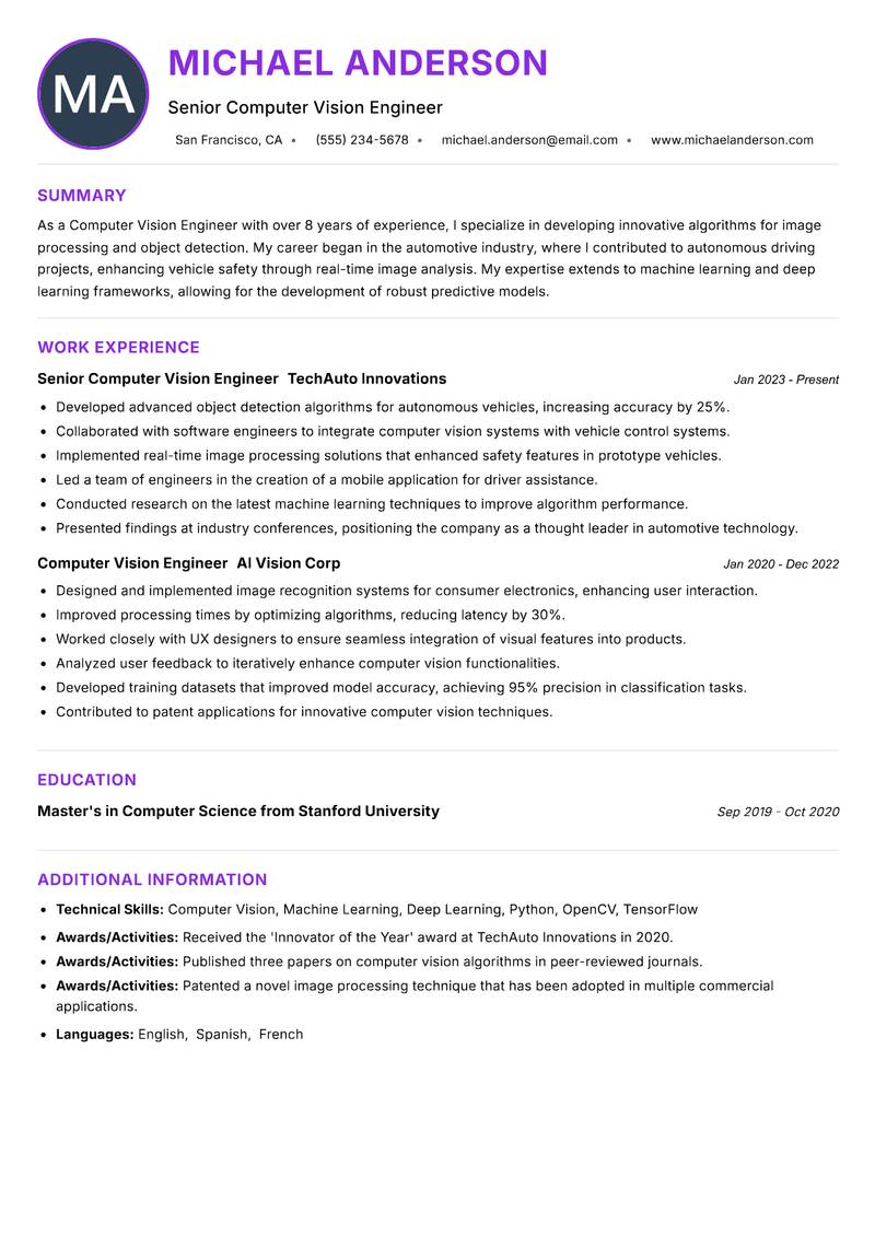 Computer Vision Engineer resume example — ATS-friendly template