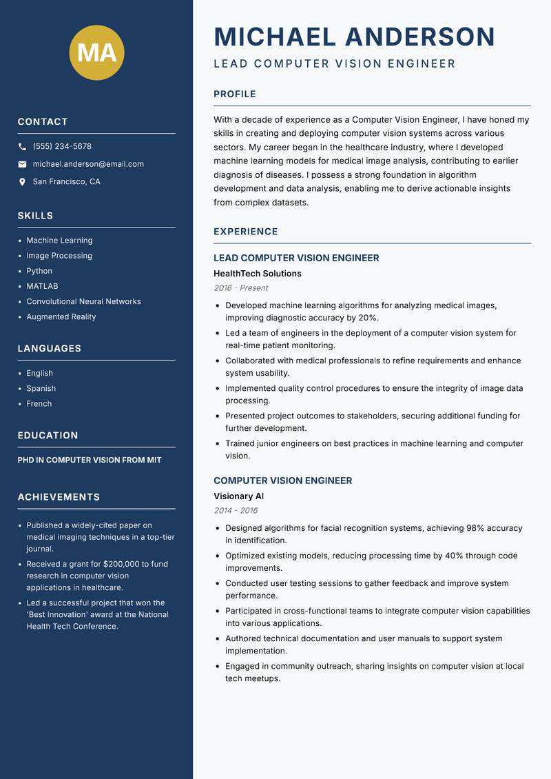 Computer Vision Engineer resume template — Classic Clean