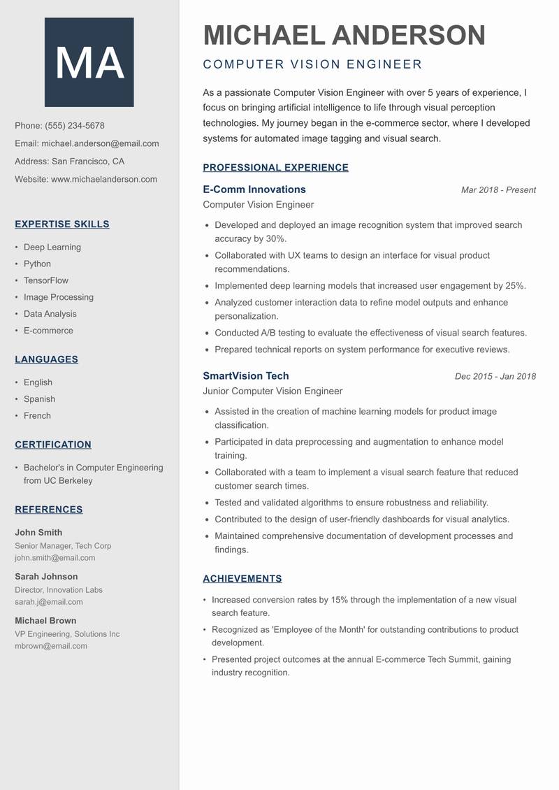 Computer Vision Engineer resume template — Creative Minimal