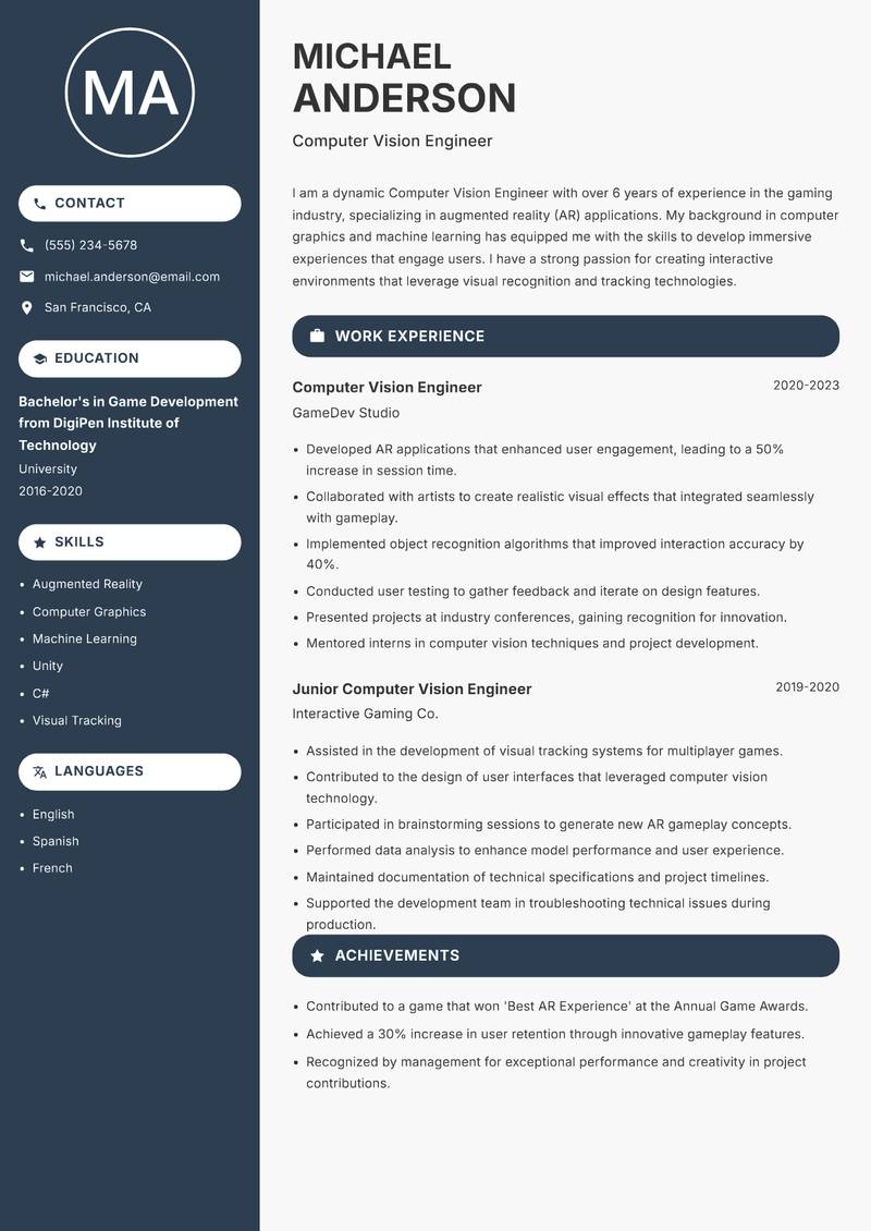 Computer Vision Engineer resume template — Compact