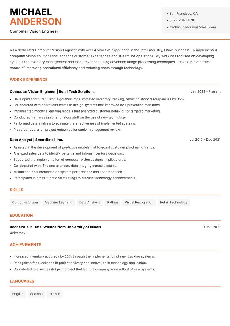 Computer Vision Engineer resume template — Modern Professional