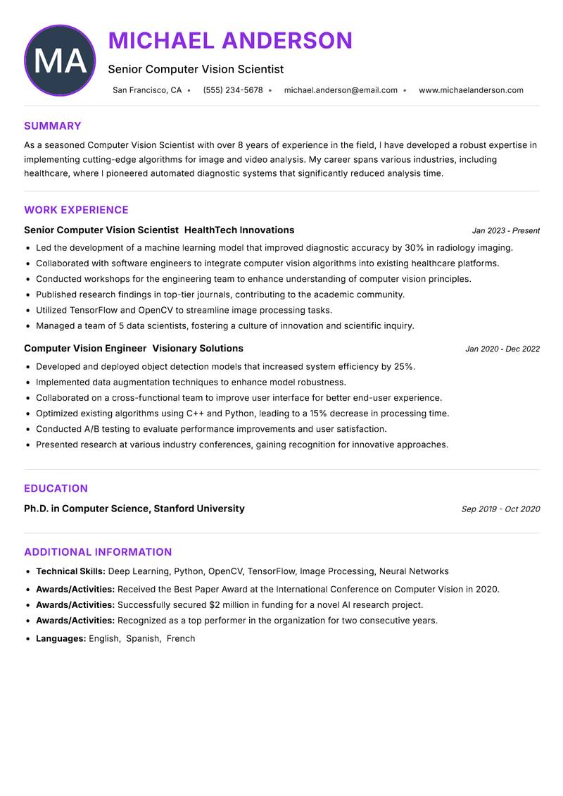 Computer Vision Scientist resume example — ATS-friendly template