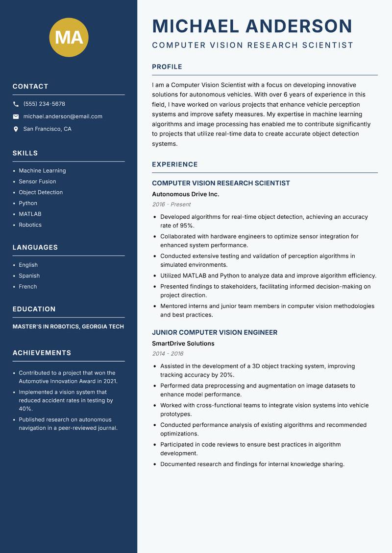 Computer Vision Scientist resume template — Classic Clean