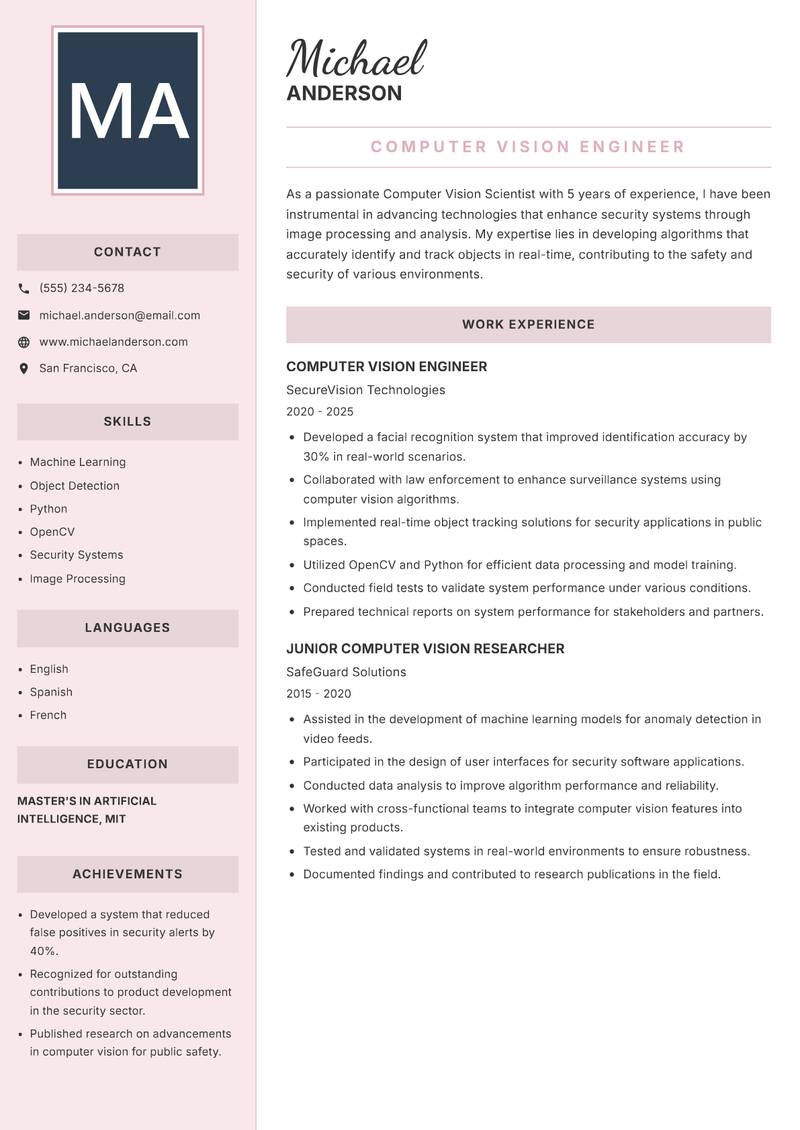 Computer Vision Scientist resume template — Executive