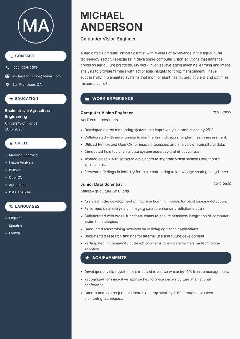Computer Vision Scientist resume template — Compact