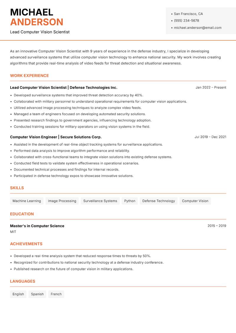 Computer Vision Scientist resume template — Modern Professional