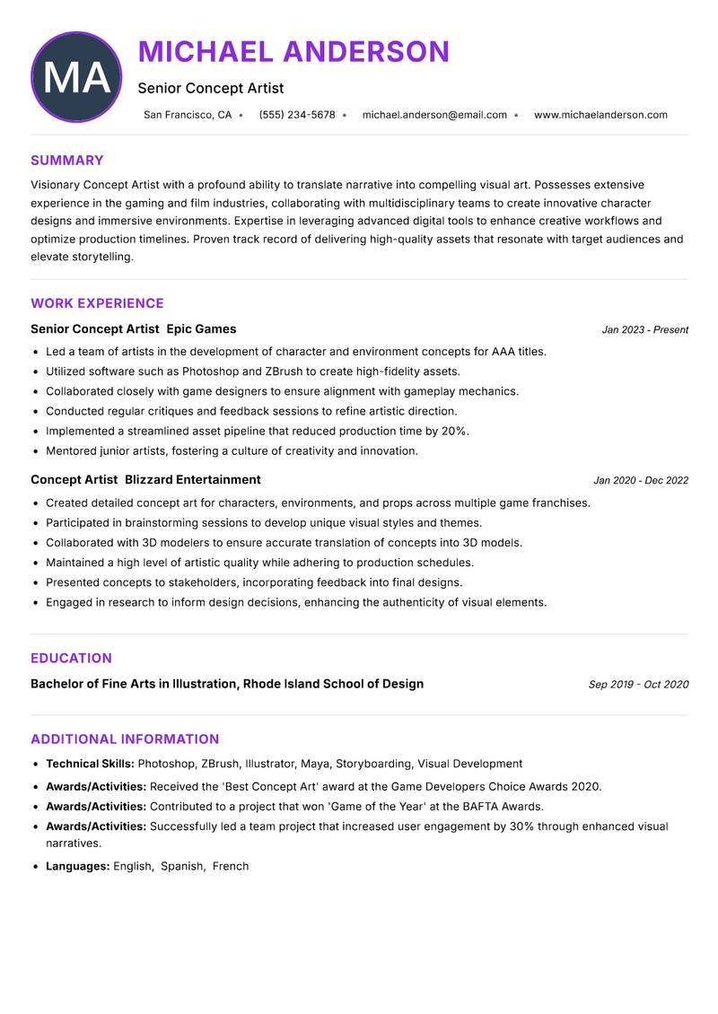 Concept Artist resume example — ATS-friendly template