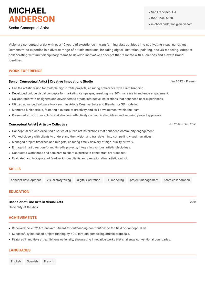 Conceptual Artist resume template — Modern Professional