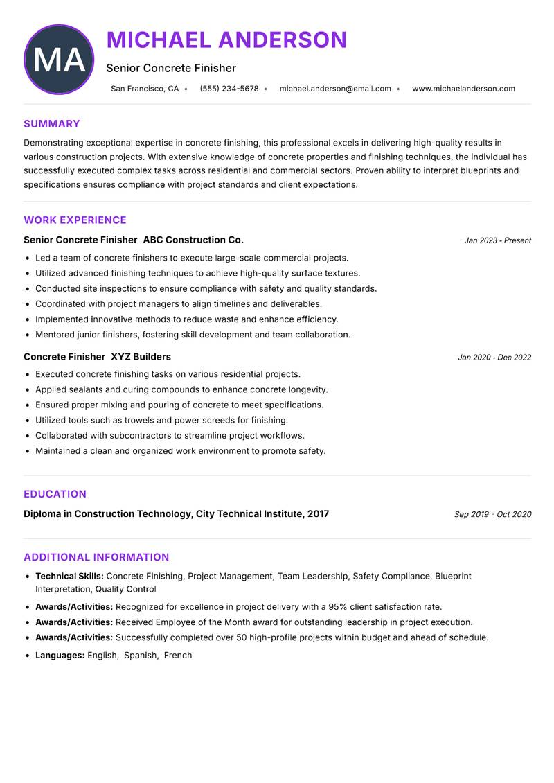 Concrete Finisher resume example — ATS-friendly template