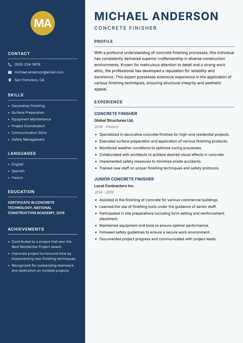 Concrete Finisher resume template — Classic Clean