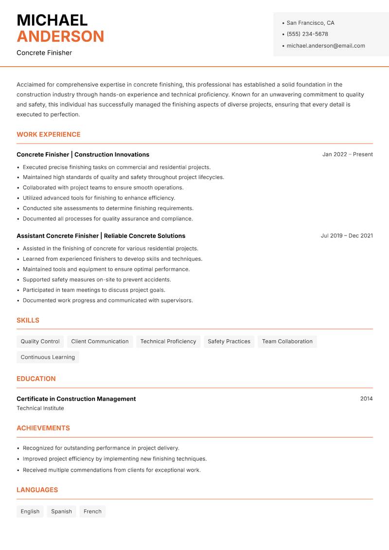 Concrete Finisher resume template — Modern Professional