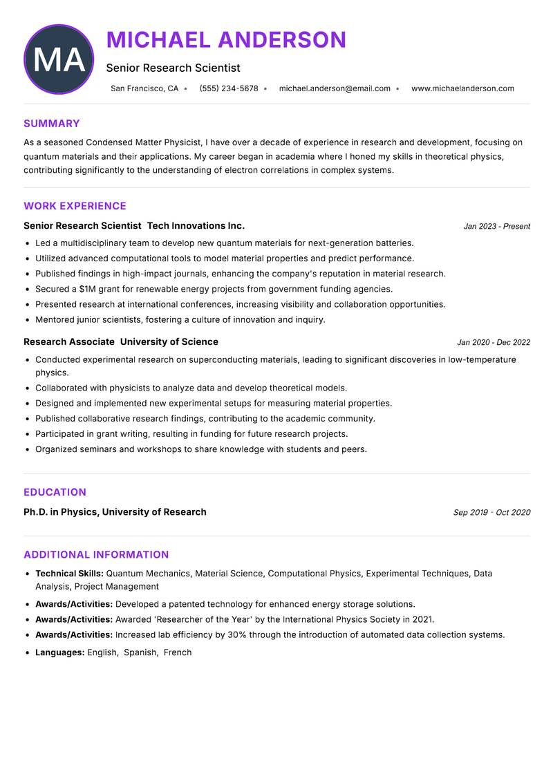 Condensed Matter Physicist resume example — ATS-friendly template