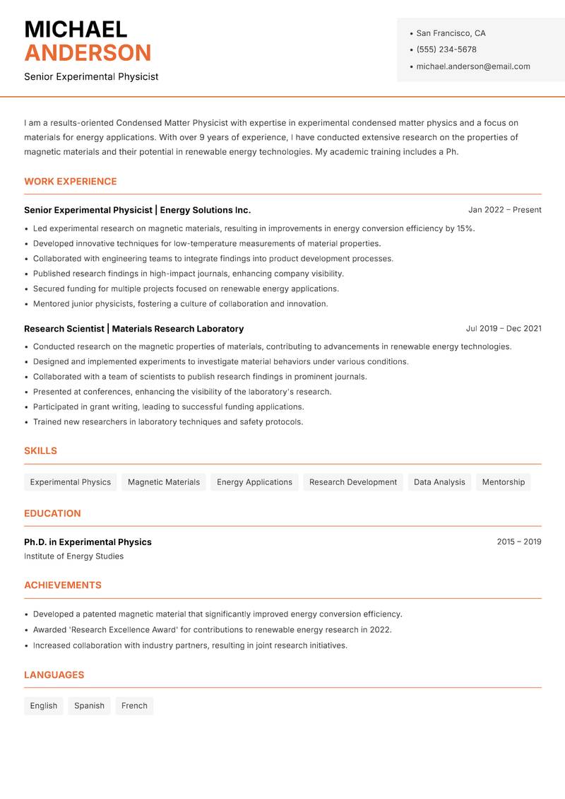 Condensed Matter Physicist resume template — Modern Professional