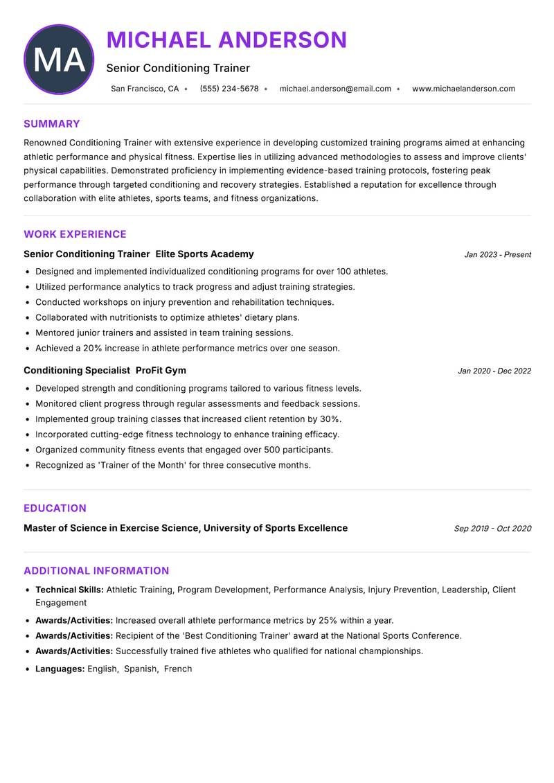 Conditioning Trainer resume example — ATS-friendly template