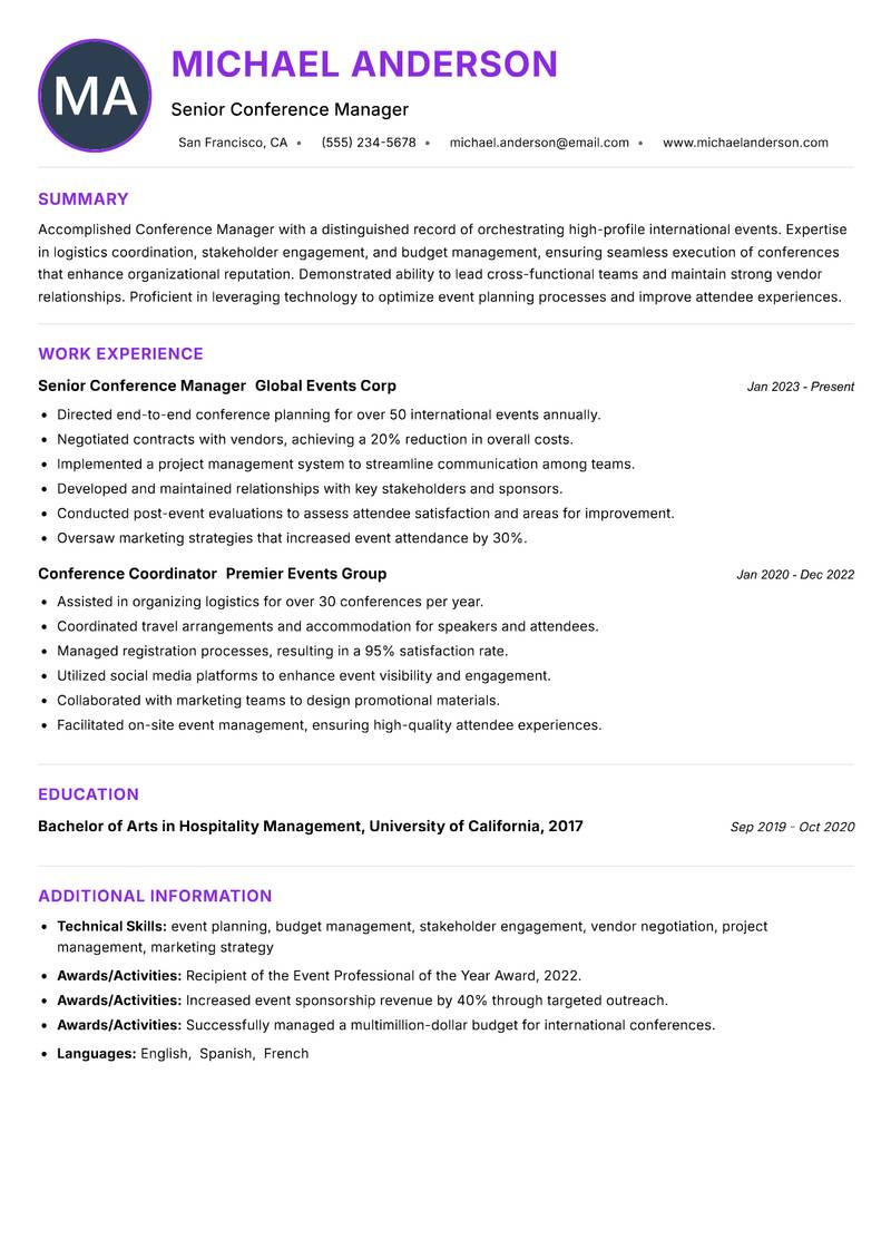 Conference Manager resume example — Event Services