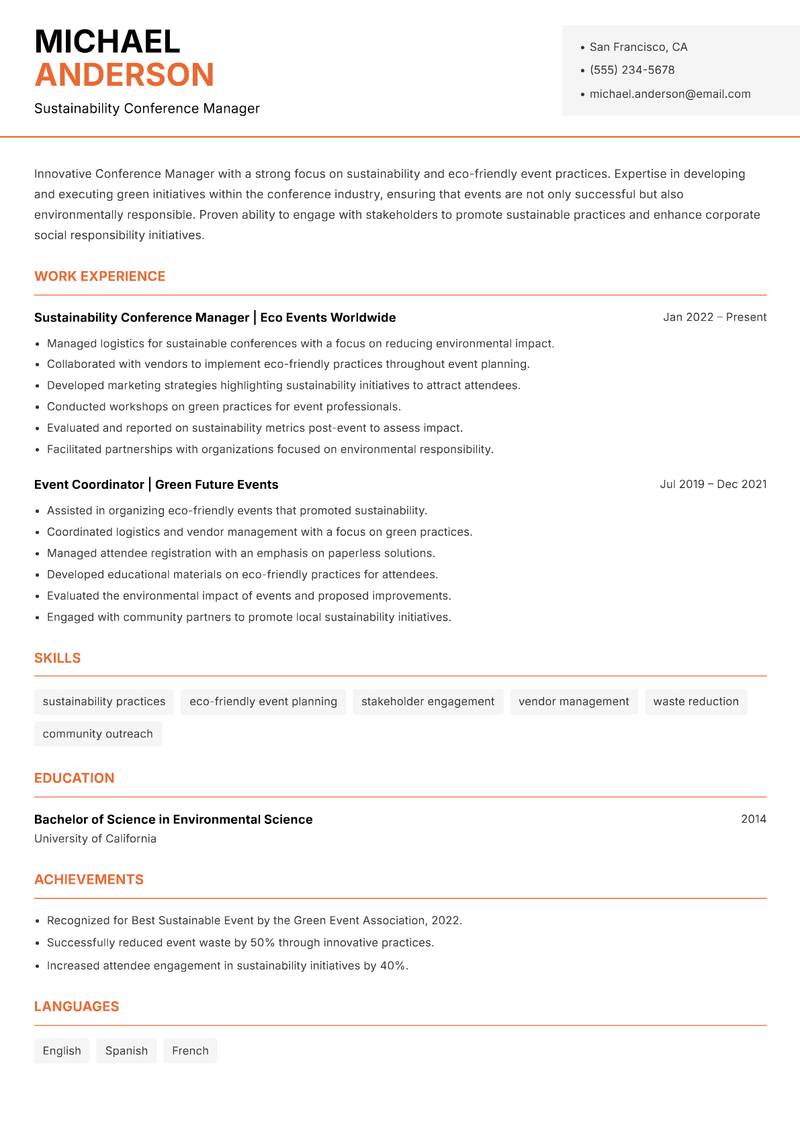 Conference Manager resume template — Modern Professional