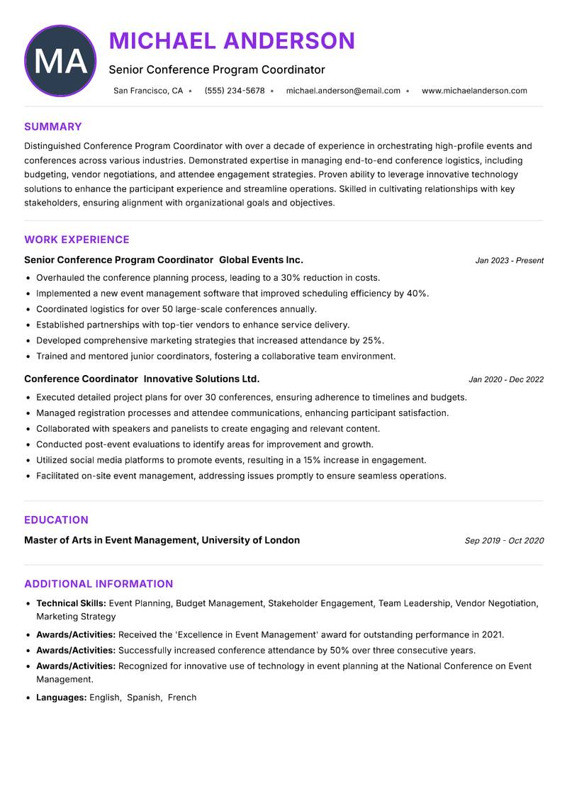 Conference Program Coordinator resume example — ATS-friendly template