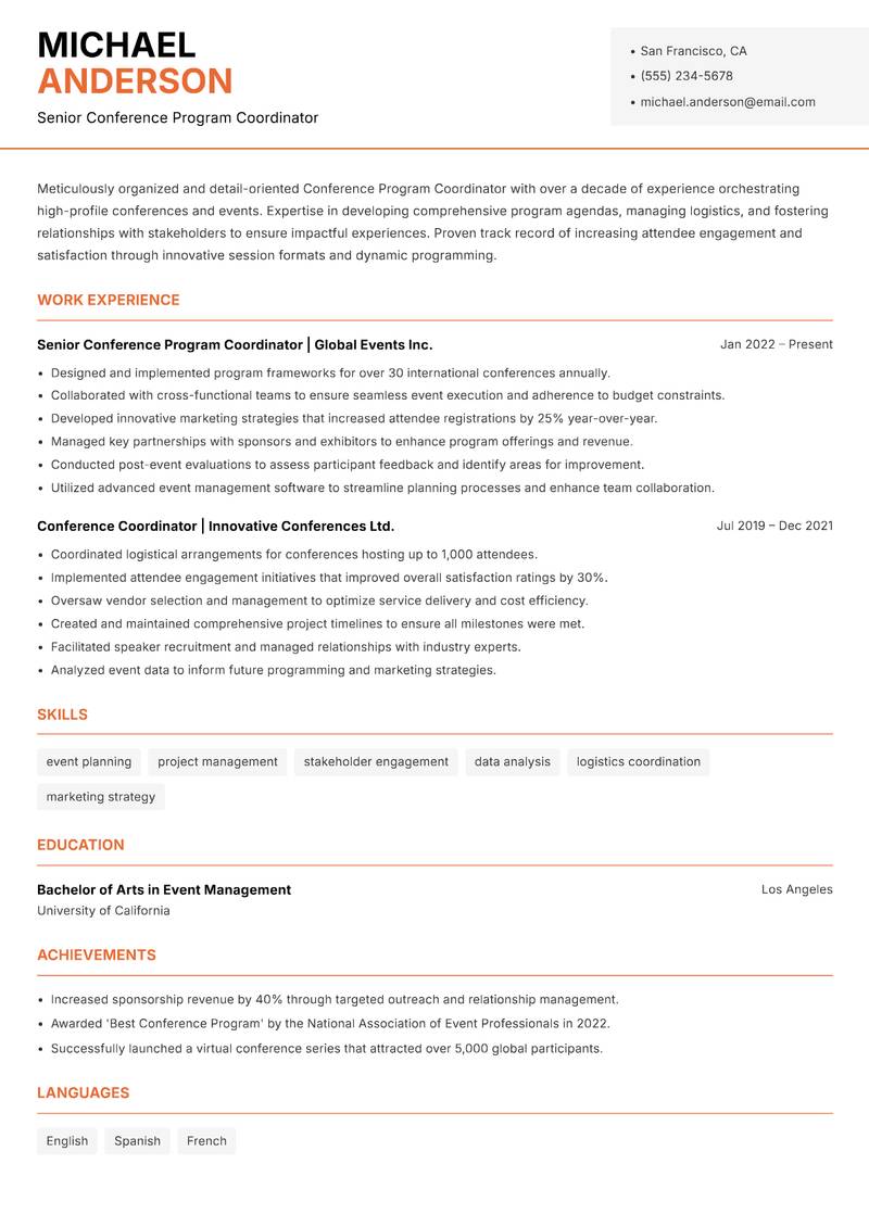 Conference Program Coordinator resume template — Modern Professional