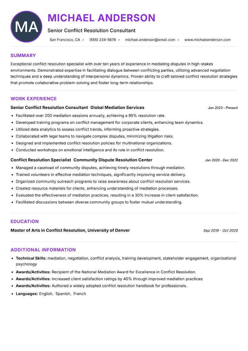 Conflict Resolution Specialist resume example — ATS-friendly template