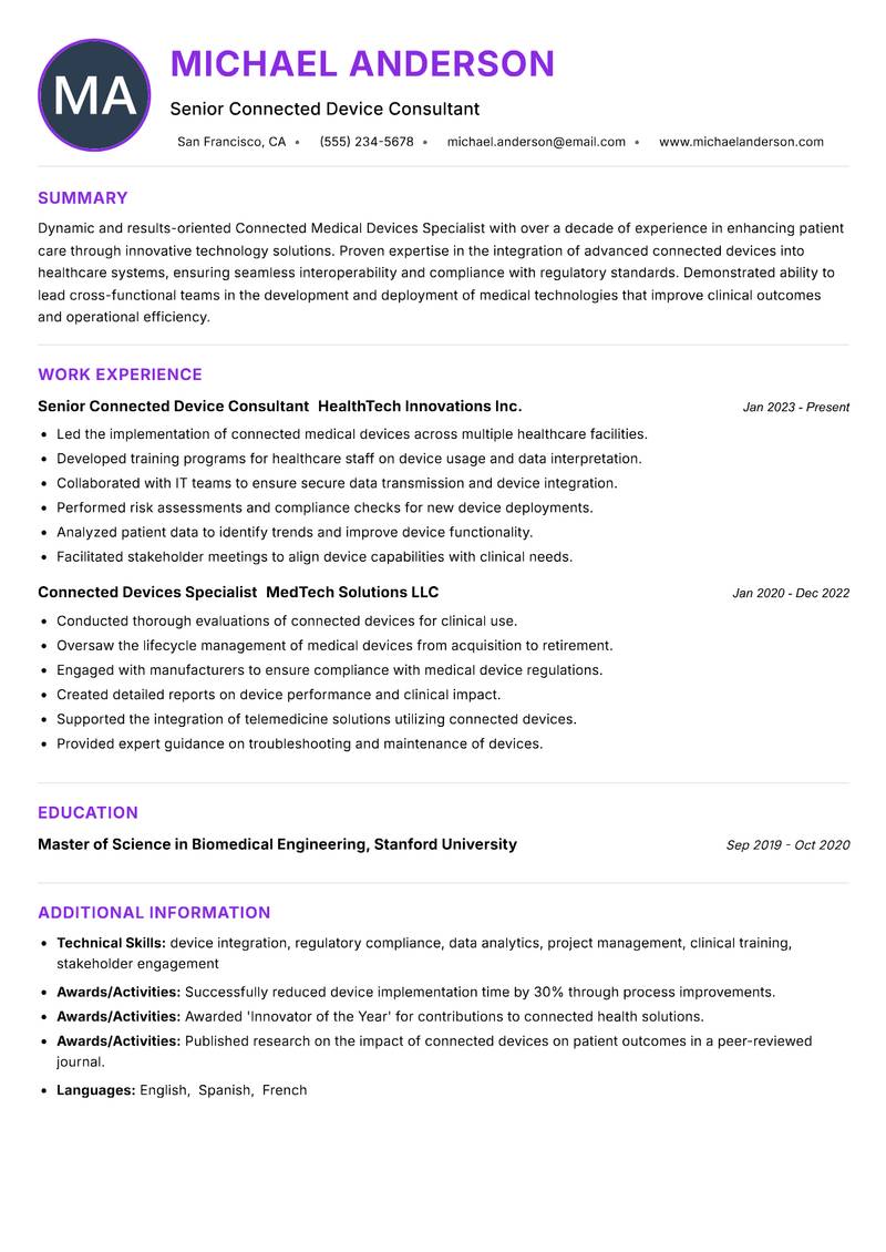 Connected Medical Devices Specialist resume example — ATS-friendly template