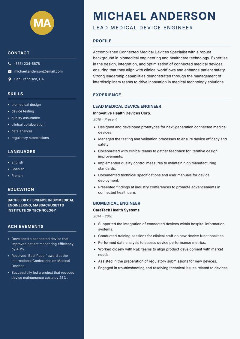 Connected Medical Devices Specialist resume template — Classic Clean