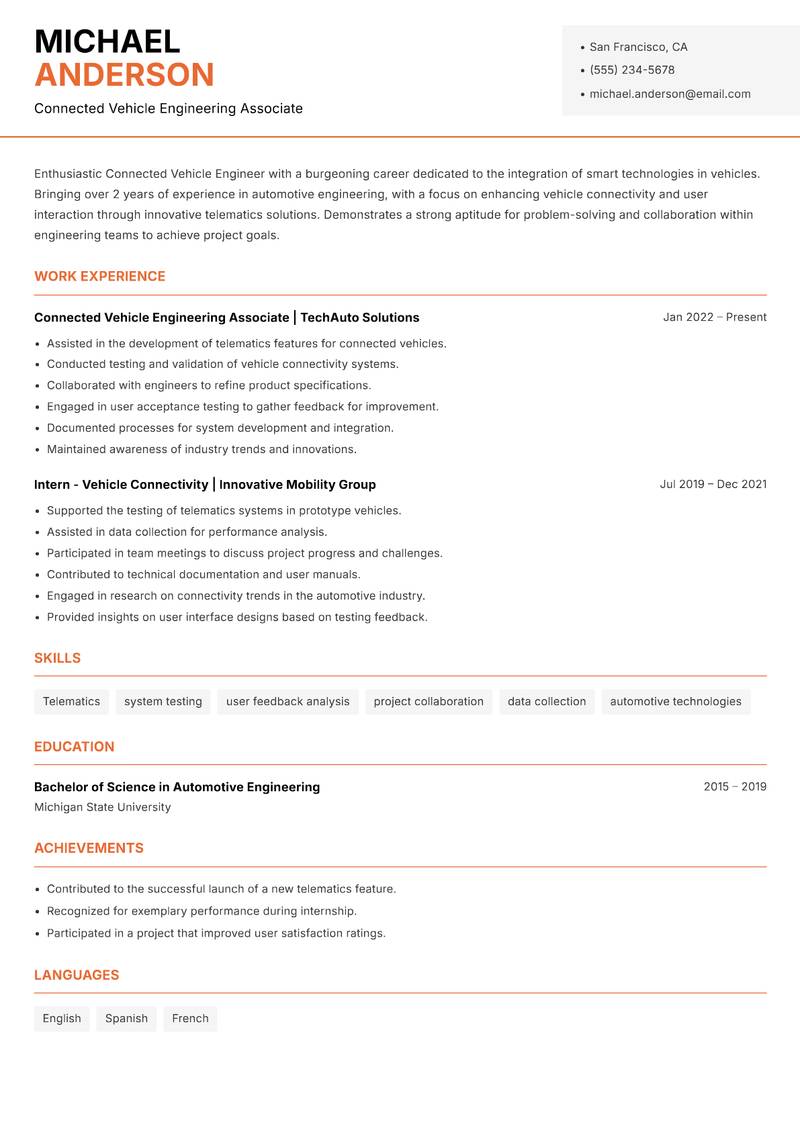 Connected Vehicle Engineer resume template — Modern Professional