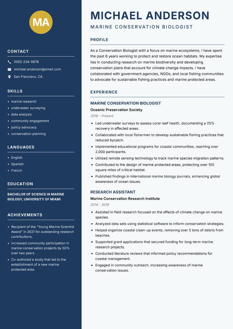 Conservation Biologist resume template — Classic Clean