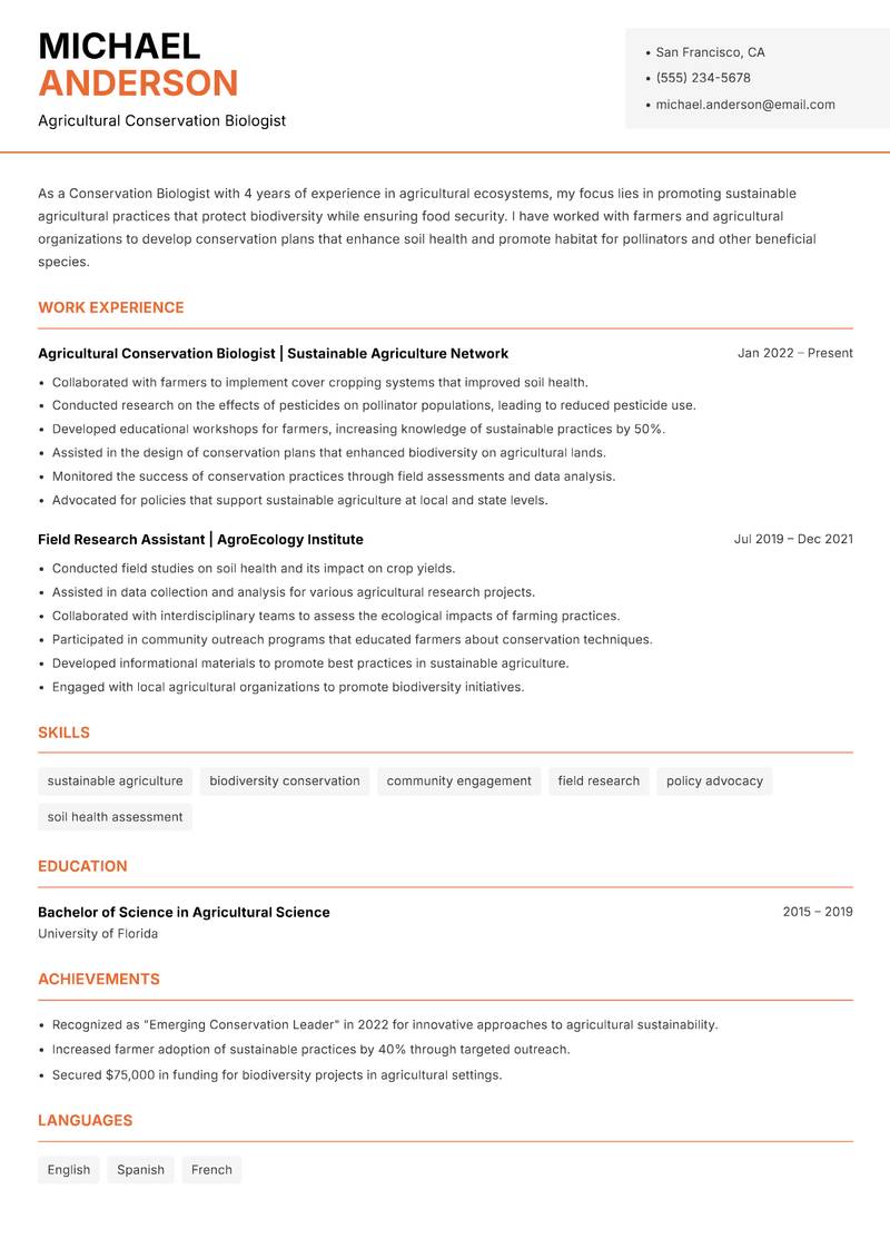 Conservation Biologist resume template — Modern Professional