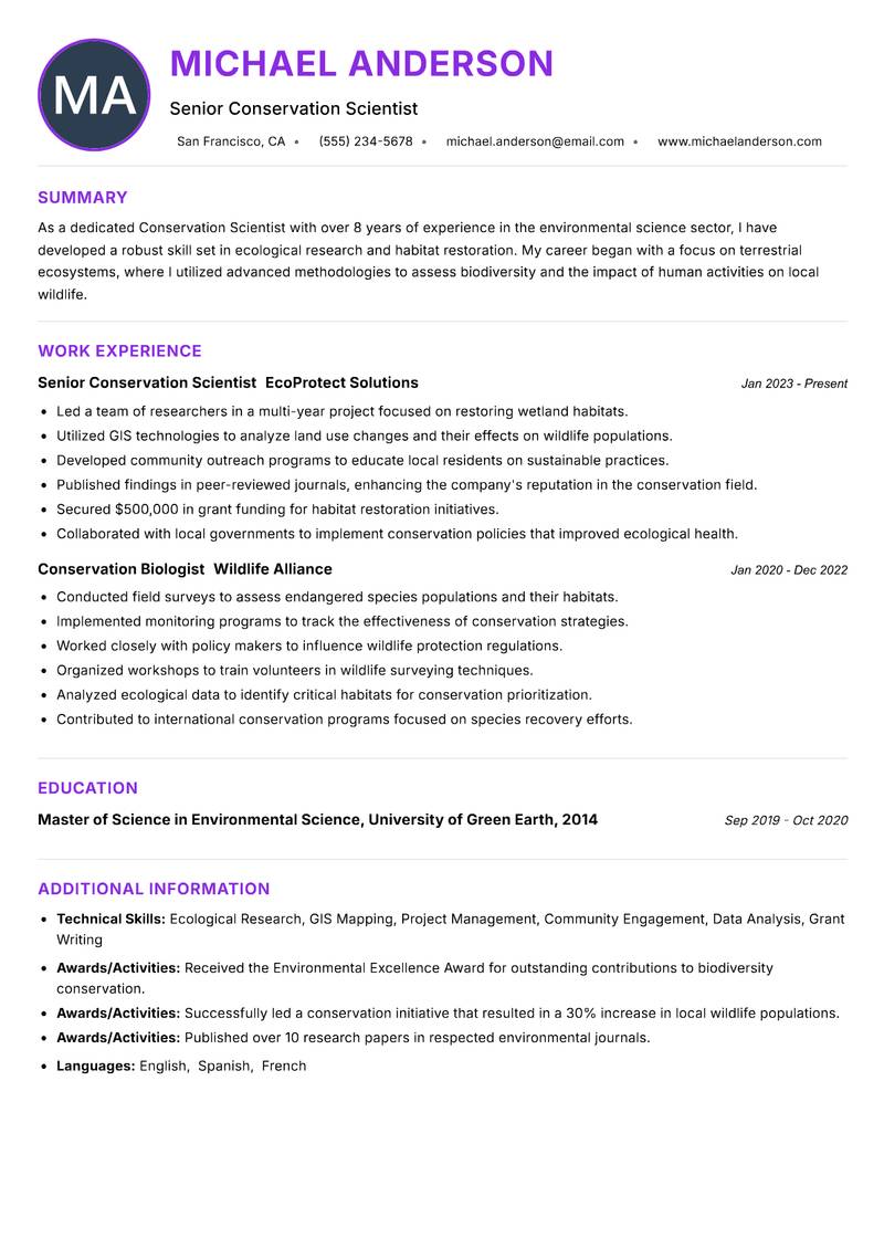 Conservation Scientist resume example — ATS-friendly template