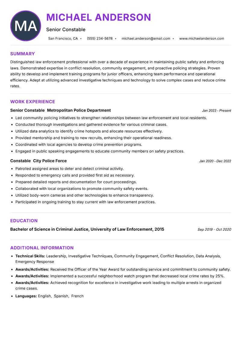 Constable resume example — ATS-friendly template