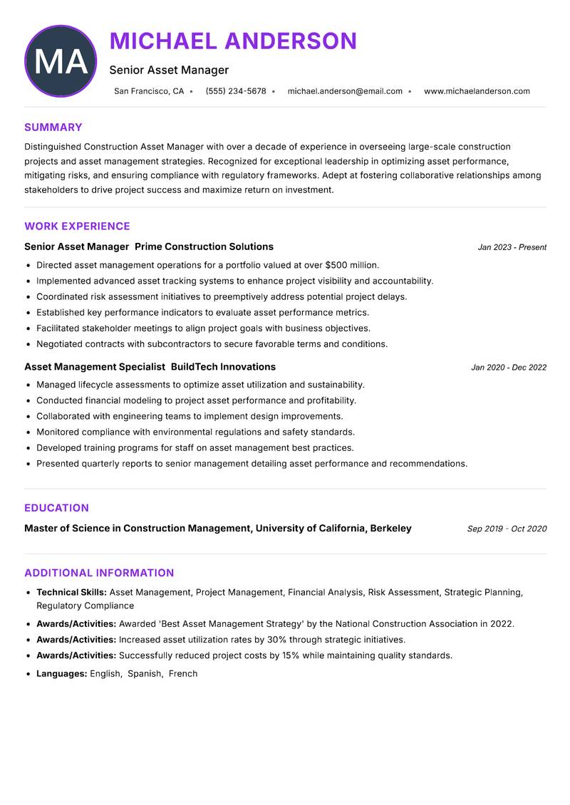 Construction Asset Manager resume example — ATS-friendly template