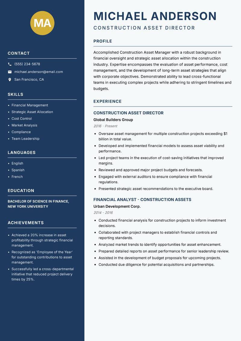 Construction Asset Manager resume template — Classic Clean
