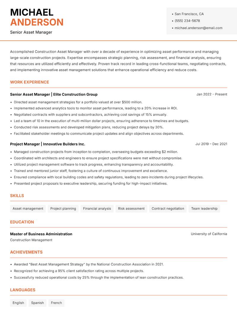Construction Asset Manager resume template — Modern Professional