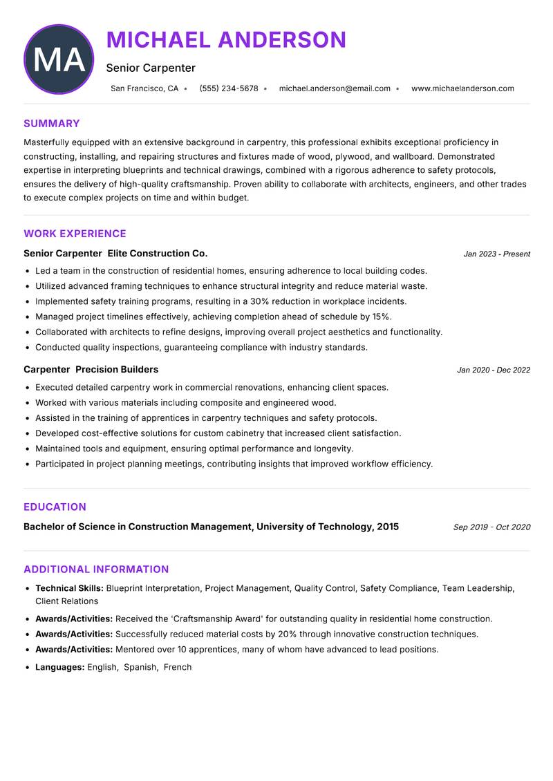 Construction Carpenter resume example — ATS-friendly template