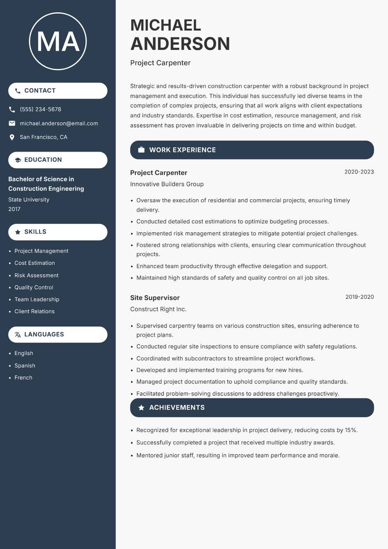 Construction Carpenter resume template — Compact