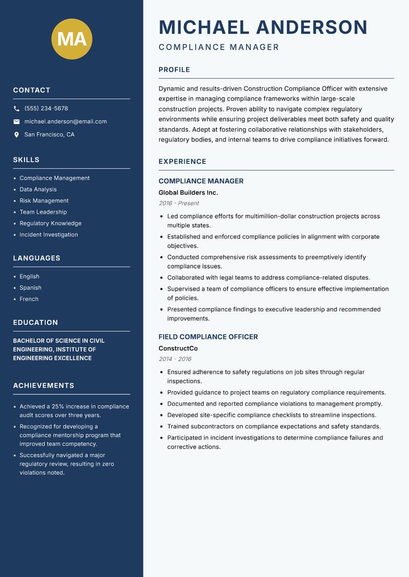 Construction Compliance Officer resume template — Classic Clean