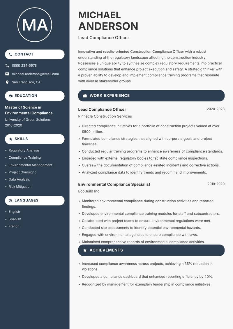 Construction Compliance Officer resume template — Compact