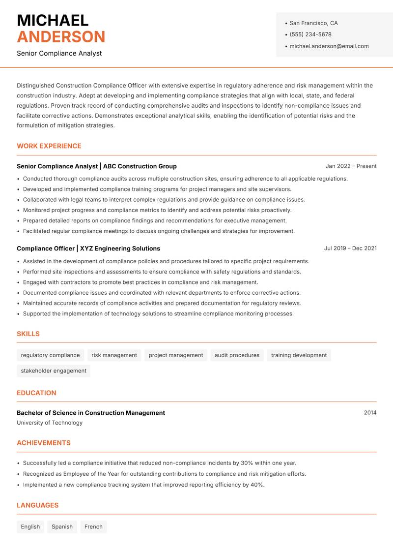 Construction Compliance Officer resume template — Modern Professional