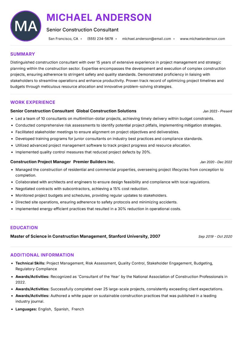 Construction Consultant resume example — ATS-friendly template