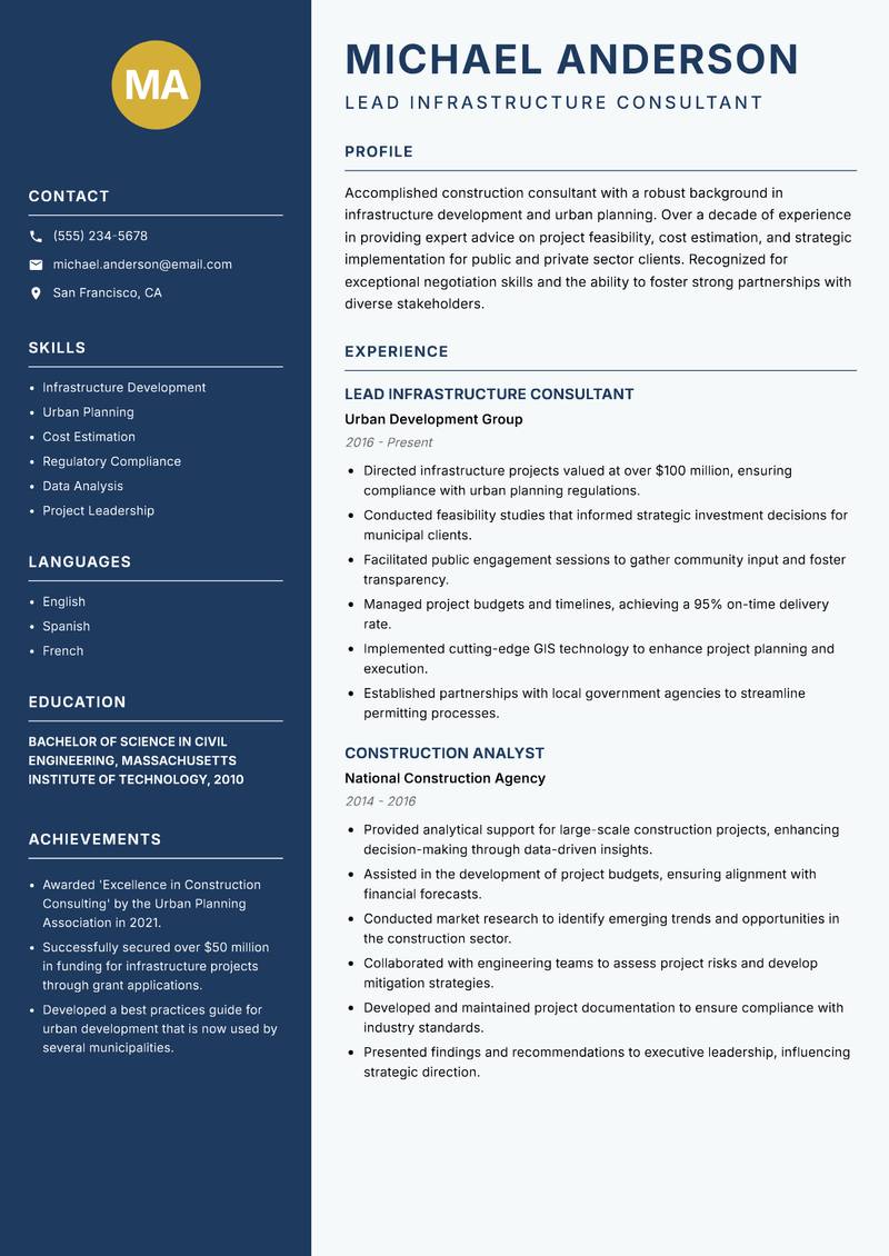 Construction Consultant resume template — Classic Clean