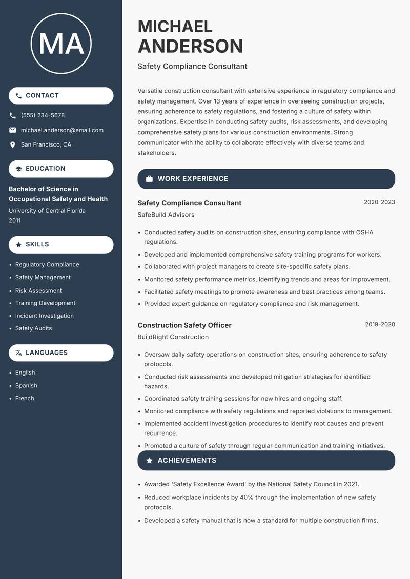 Construction Consultant resume template — Compact