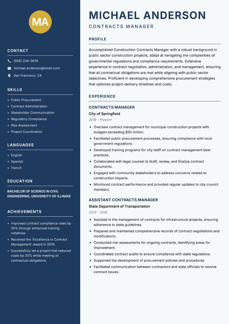 Construction Contracts Manager resume template — Classic Clean