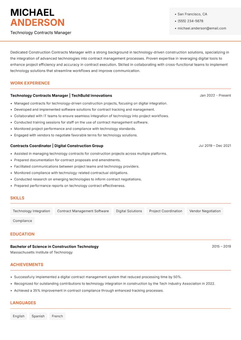 Construction Contracts Manager resume template — Modern Professional