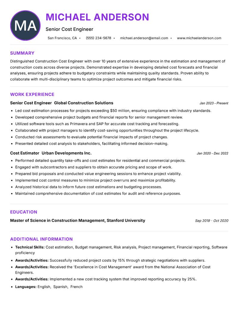 Construction Cost Engineer resume example — ATS-friendly template