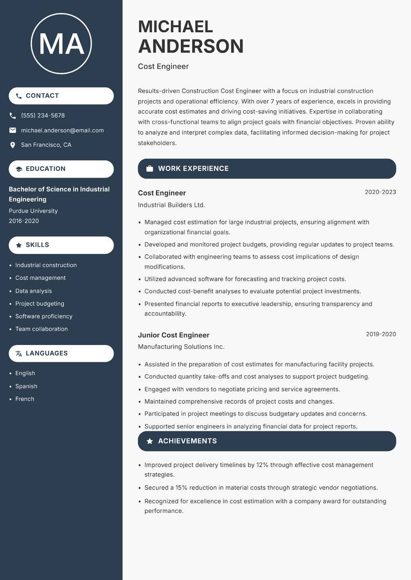 Construction Cost Engineer resume template — Compact